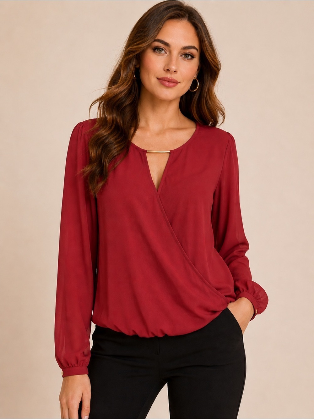 Cover Stitched Burgundy Surplice Blouse Women’s Large Sheer Long Sleeve Office